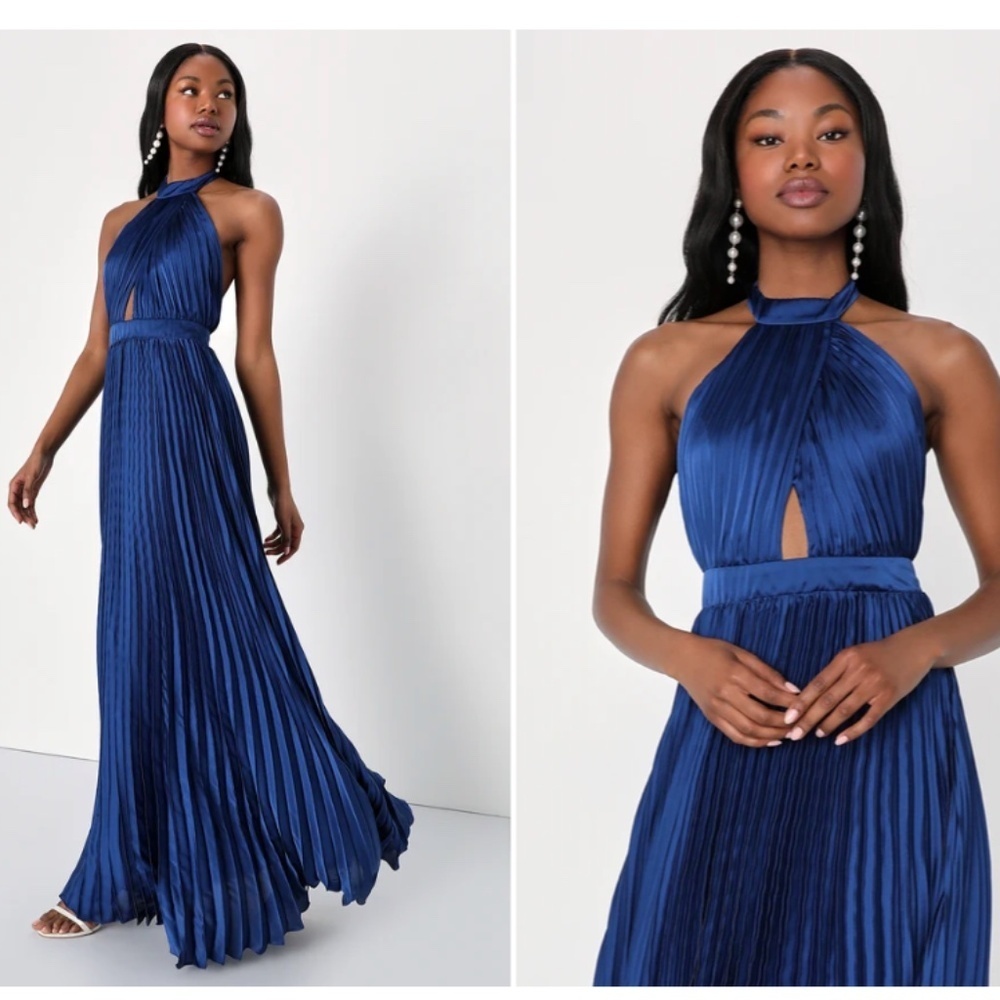LULU's Prom Wedding Bridesmaid Pleated Satin Open Back Halter  Maxi Dress - Picture 3 of 4